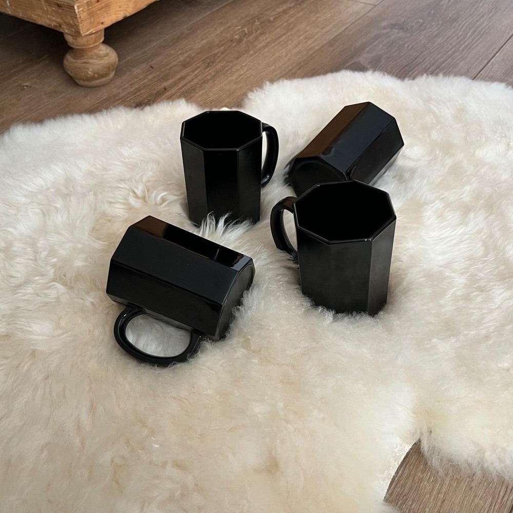 Vintage Arcoroc France Octime Black Glass Mugs Set of 4 Octagonal Coffee Cups